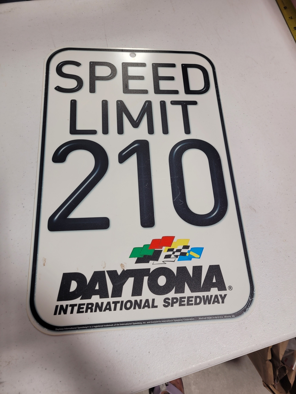 Daytona International Speedway Speed Limit 210 Wall Sign - White & Black